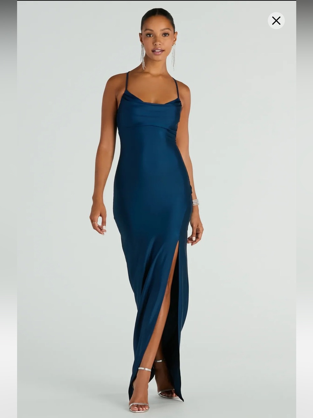 Windsor Cowl Neck Lace-Up Open Back Slit Dress